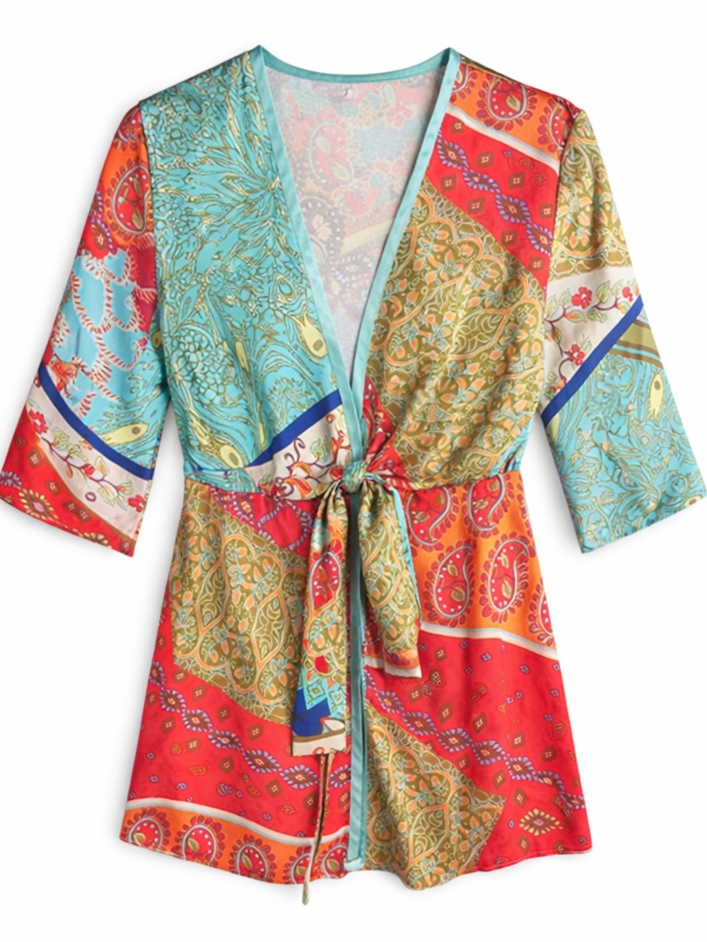 CAbi Boho Paisley Wrap Blouse Tie Front Kimono Festival Multicolor S
